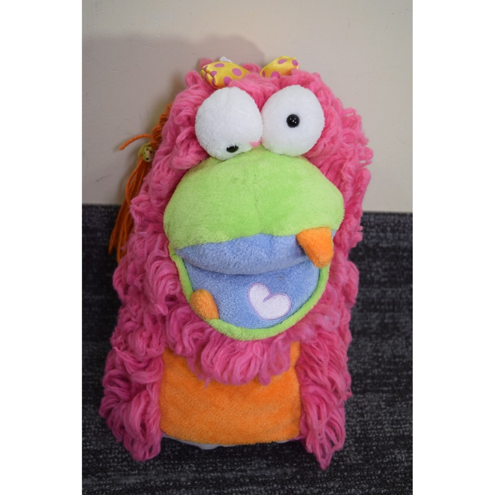 Pink Shaggy Monster Hand Puppet Plush Multi-Color Yarn Hair Heart Tongue 13"